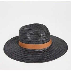 Madewell Women's M/L Packable Braided Straw Hat Black Brown Band MD832 $40